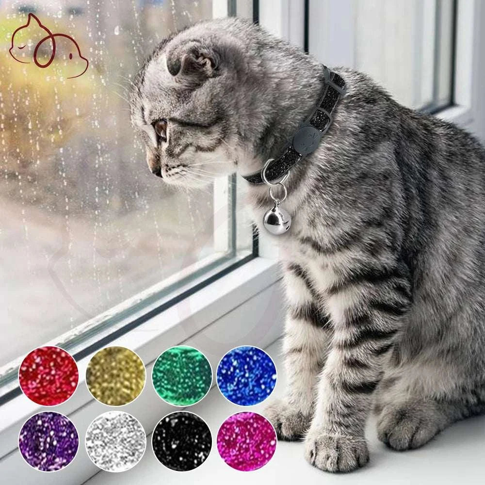 Adjustable glitter leather cat collar with bell in various colors for small dogs and cats