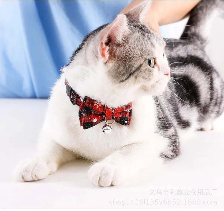Cat Collar Breakaway with Cute Bow Tie and Bell Adjustable & Removable Plaid Dog Collar for Cats Kitty Kitten Small Medium Dogs