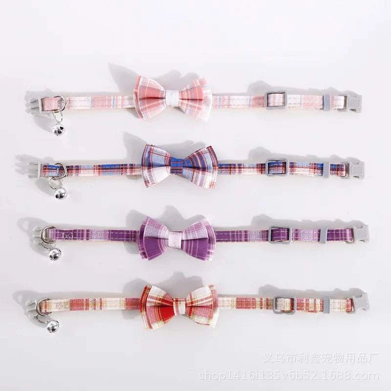 Cat Collar Breakaway with Cute Bow Tie and Bell Adjustable & Removable Plaid Dog Collar for Cats Kitty Kitten Small Medium Dogs