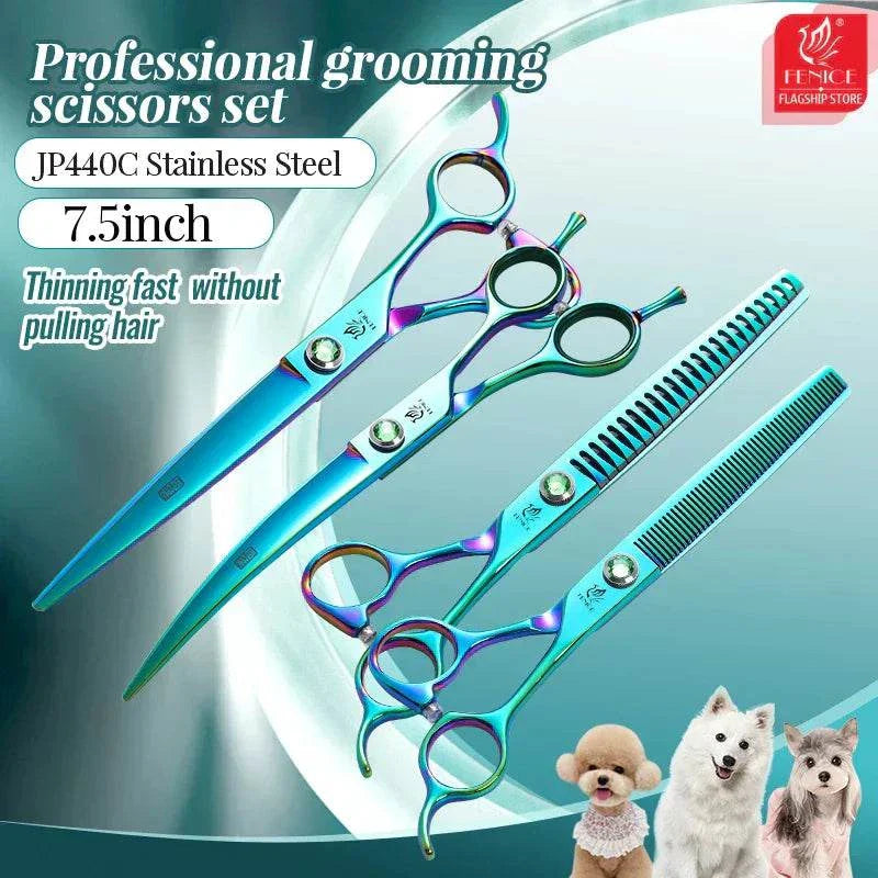 Fenice 7.5-inch dog grooming scissors set with straight, curved, thinning, and chunking shears in green JP440C steel