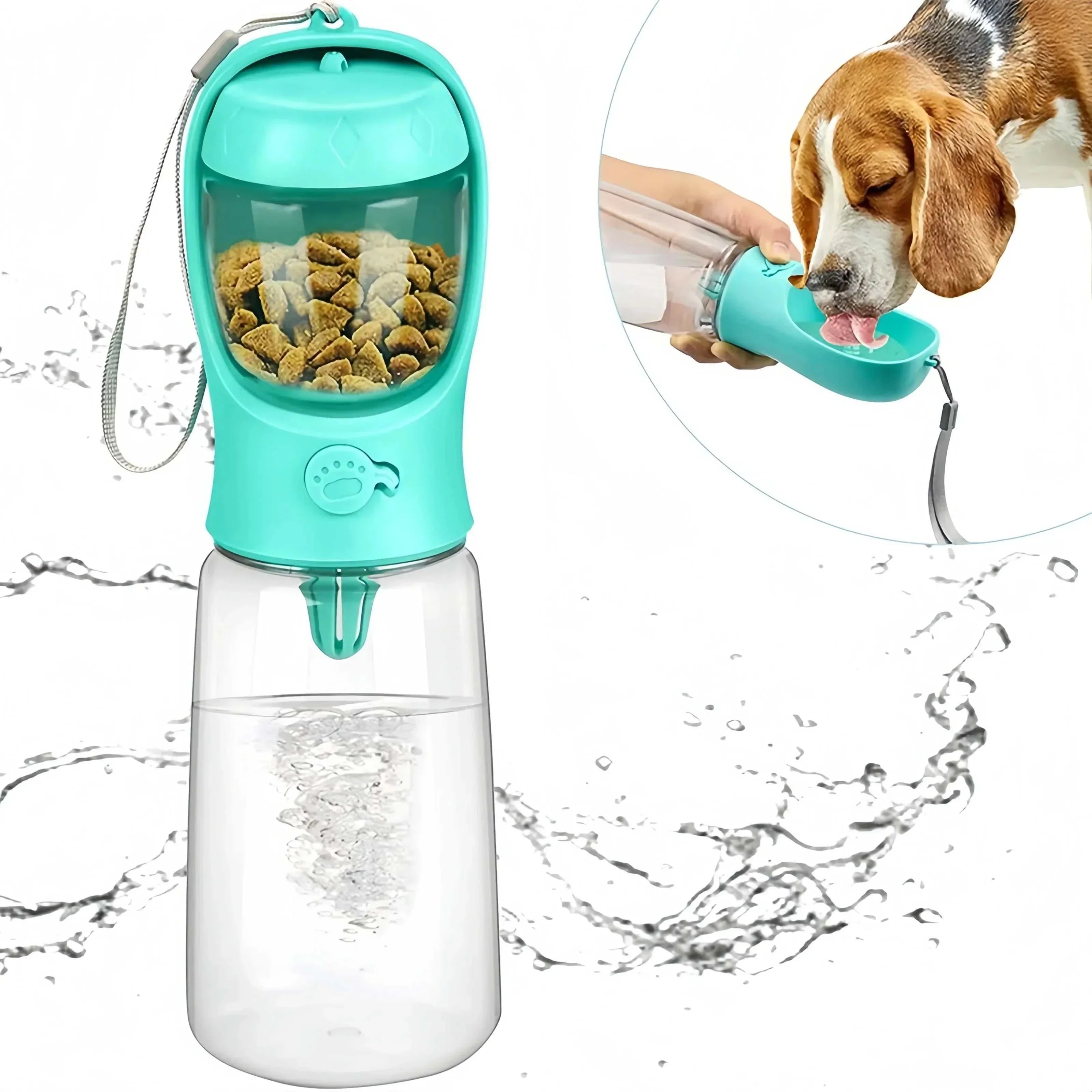 Leakproof Pets Portable Water Bottle with built-in food dispenser for easy pet hydration on the go