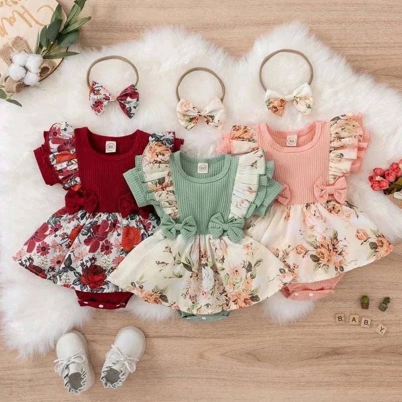 Baby girl wearing floral bowknot summer dress striped jumpsuit with snap buttons