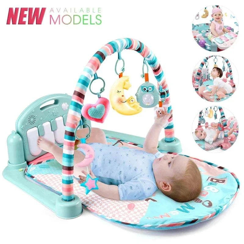Colorful baby fitness stand with musical piano and soft crawling play mat for early education and sensory stimulation
