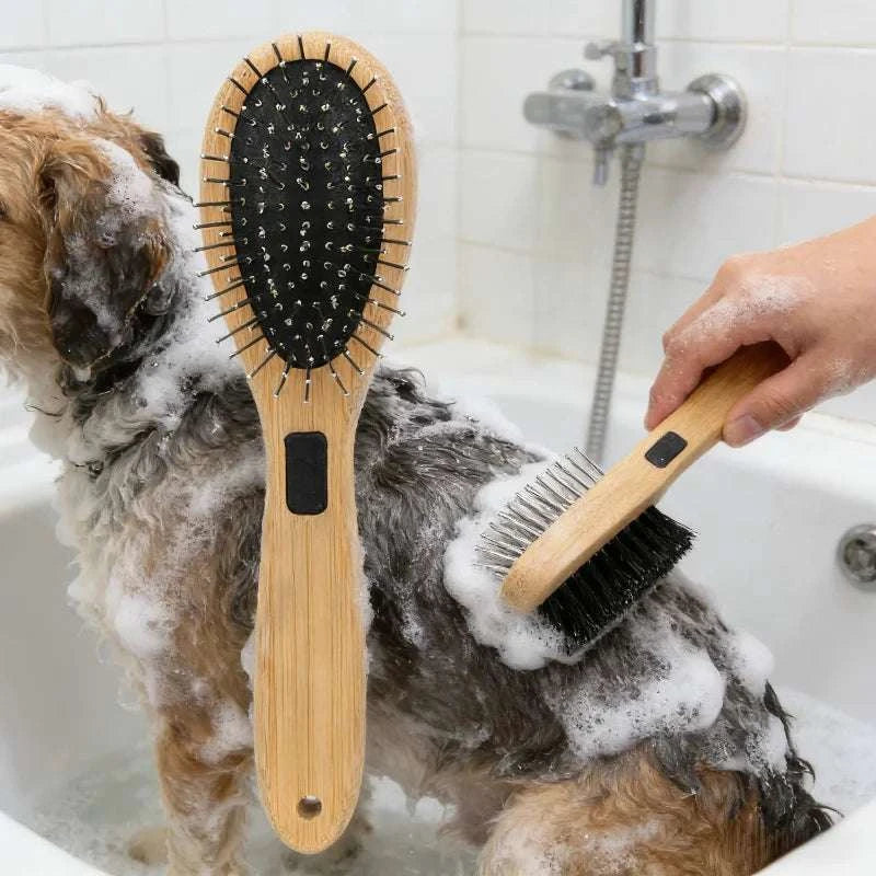 Dual-Sided Boar Bristle Pet Brush: Massage & Deshedding Grooming Tool for Dogs & Cats, Gentle Cleaning and Shine Enhancer