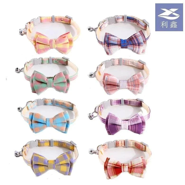 Adjustable breakaway cat collar with plaid bow tie and bell for safety and style