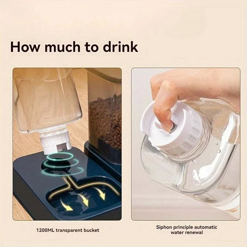 Automatic cat and dog feeder with smart portion control and integrated drinker,set without battery, made of plastic, quadrate shape.