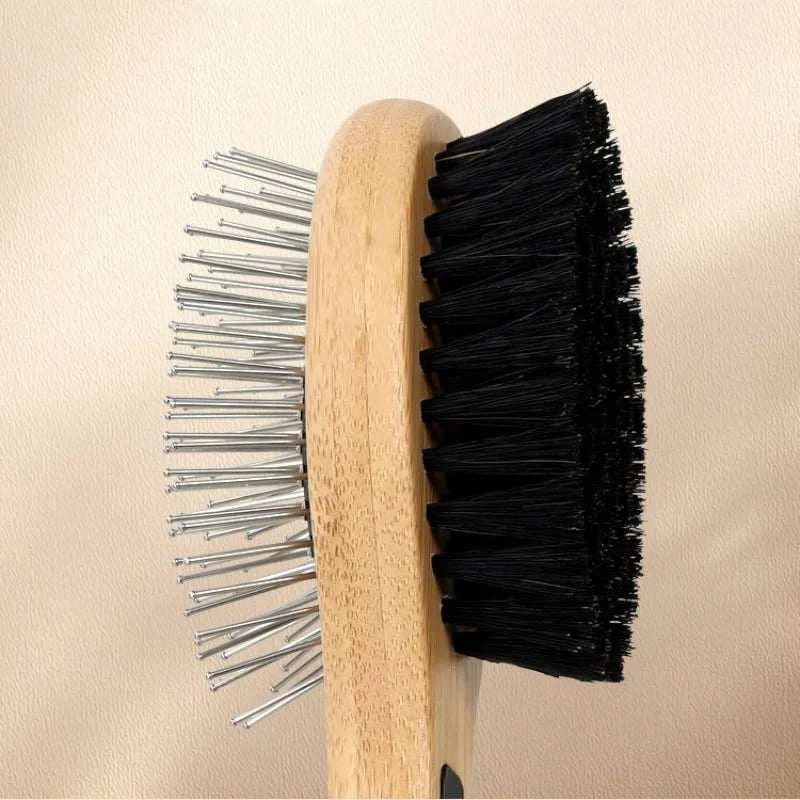 Dual-Sided Boar Bristle Pet Brush: Massage & Deshedding Grooming Tool for Dogs & Cats, Gentle Cleaning and Shine Enhancer