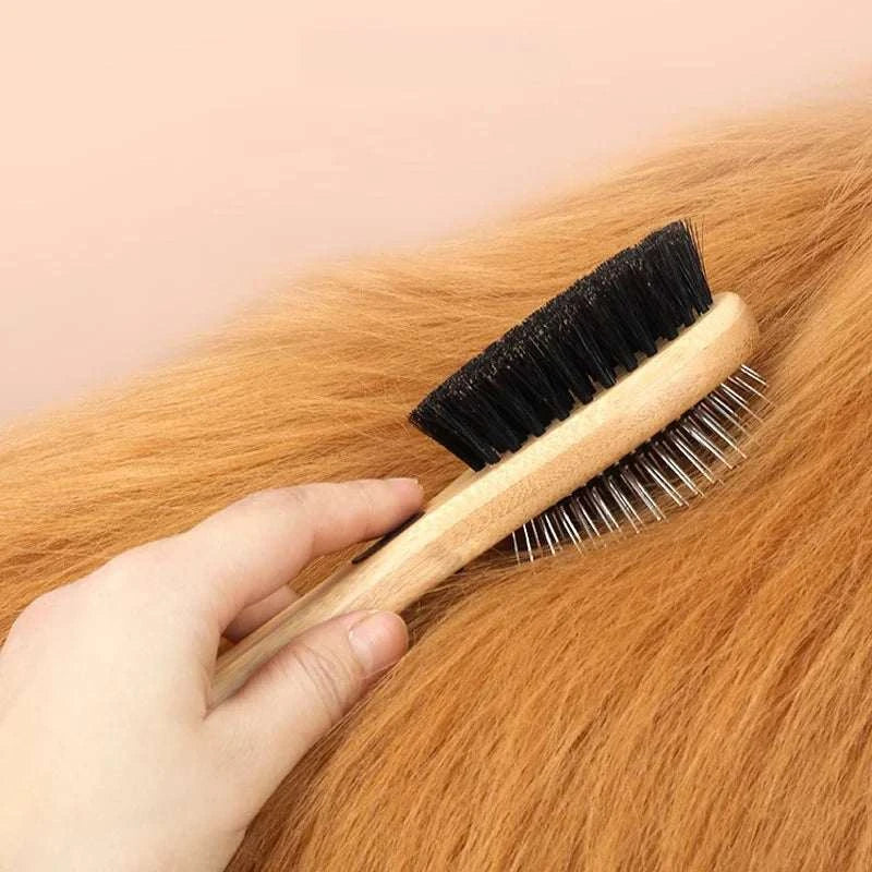 Dual-Sided Boar Bristle Pet Brush: Massage & Deshedding Grooming Tool for Dogs & Cats, Gentle Cleaning and Shine Enhancer