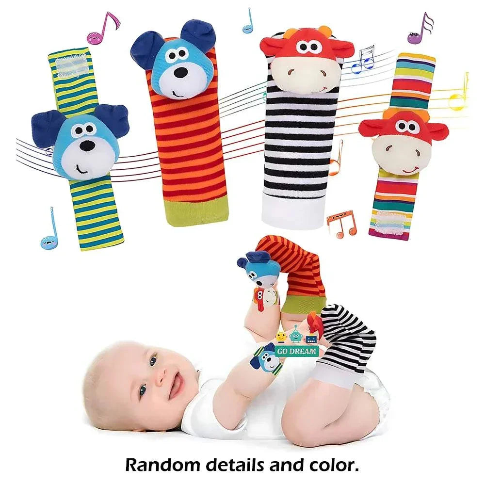 Set of 4 plush baby wrist rattle socks with animal designs for infants 0-24 months