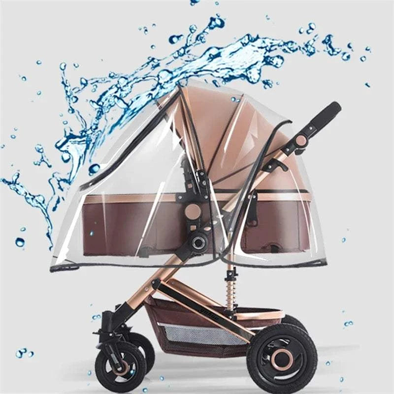 Transparent universal stroller rain cover protecting baby from rain, wind, and sun