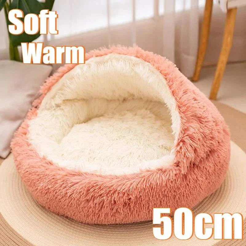 Round 2 in 1 soft plush pet bed with removable cover, cozy semi-enclosed design for small cats and dogs