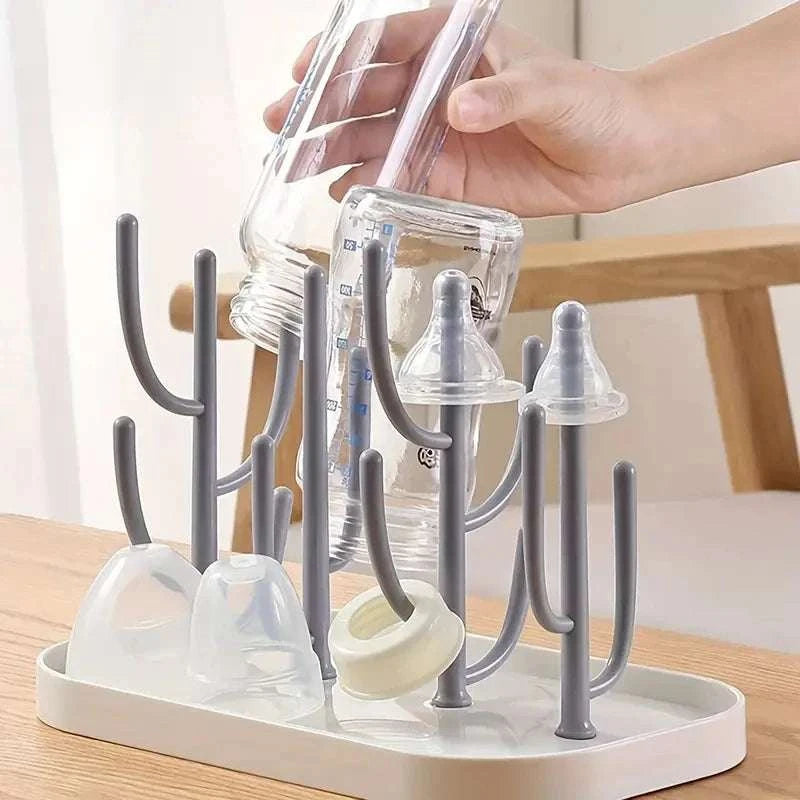 Baby tree-shaped milk bottle drain rack in grey with dust-proof cover and cup holder