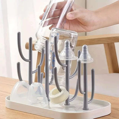 Baby tree-shaped milk bottle drain rack in grey with dust-proof cover and cup holder
