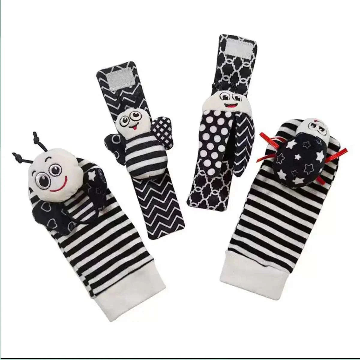Set of 4 plush baby wrist rattle socks with animal designs for infants 0-24 months