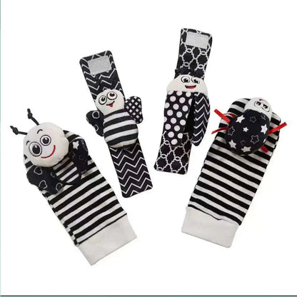 Set of 4 plush baby wrist rattle socks with animal designs for infants 0-24 months