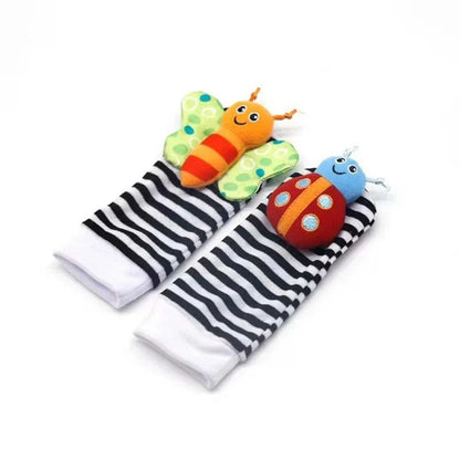 Set of 4 plush baby wrist rattle socks with animal designs for infants 0-24 months
