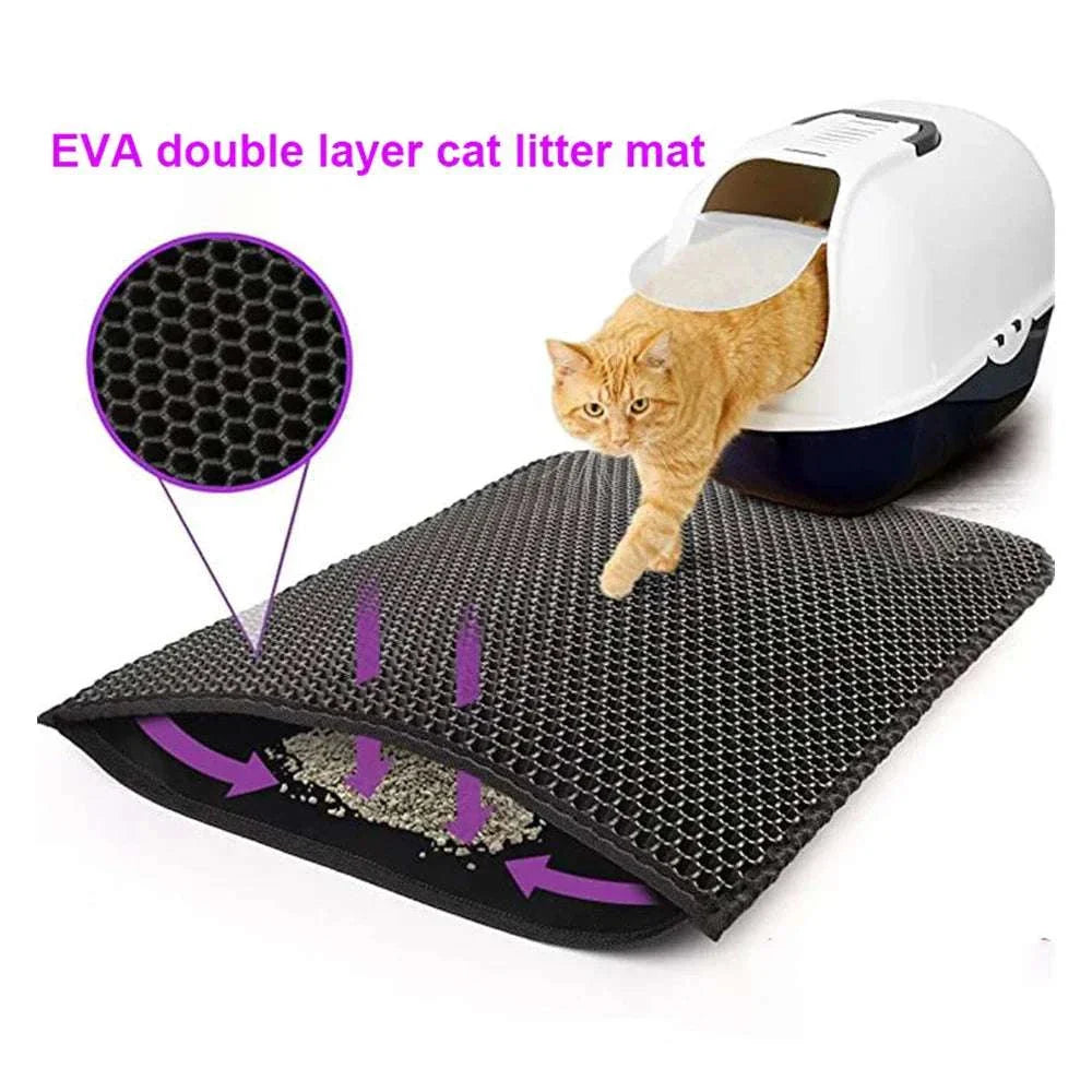 Double-layer waterproof cat litter mat with non-slip base and honeycomb design for easy litter trapping and floor protection