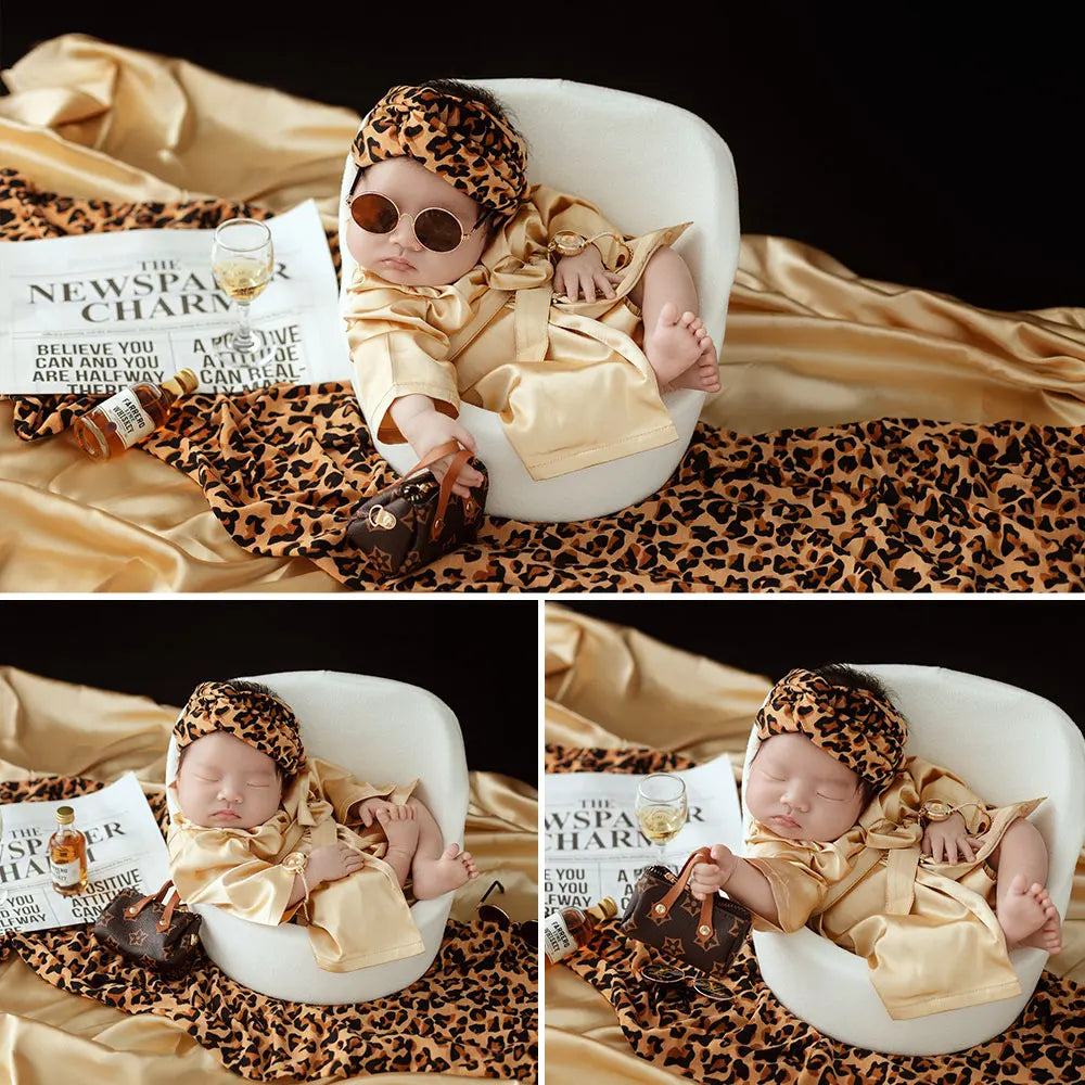 Newborn Photography Props Bathrobe Style Leopard Print Headscarf and Blanket Photo Satin Posing Outfits (Fits for 7-10 Lbs Baby)