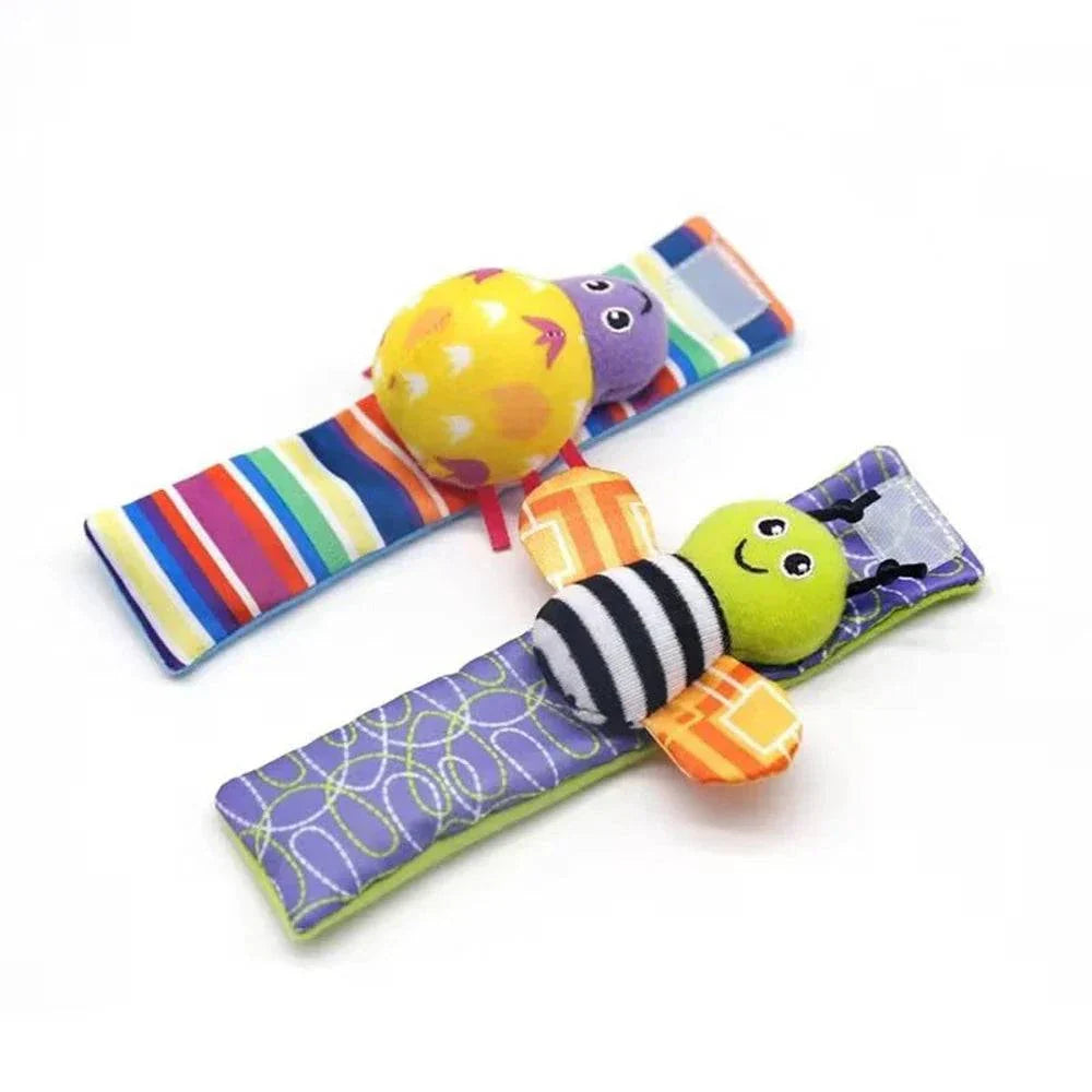 Set of 4 baby wrist rattle socks with cute stuffed animal designs for infants 0-24 months