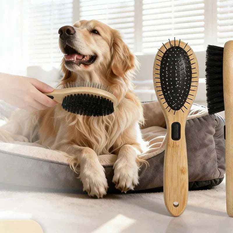 Dual-Sided Boar Bristle Pet Brush for gentle dog and cat grooming, massage, and deshedding