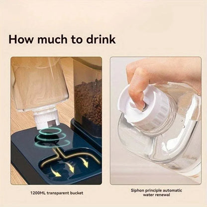 Automatic cat and dog feeder with smart portion control and integrated drinker,set without battery, made of plastic, quadrate shape.