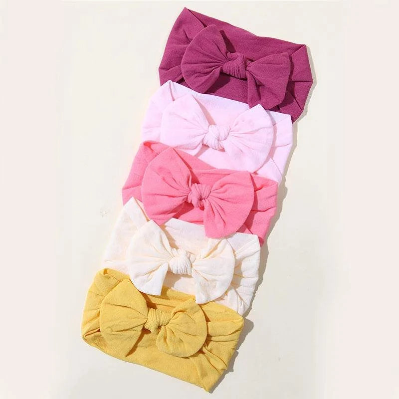 Colorful 5pcs soft nylon baby headbands with cute bows for newborn girls aged 3-36 months