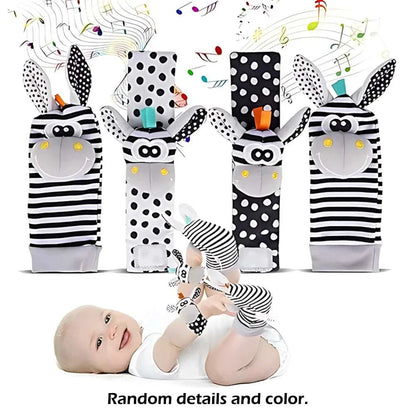Set of 4 baby wrist rattle socks with cute stuffed animal designs for infants 0-24 months
