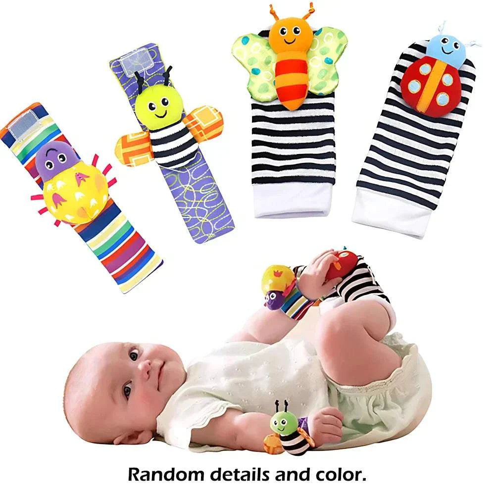 Set of 4 baby wrist rattle socks with cute stuffed animals for infants 0-24 months