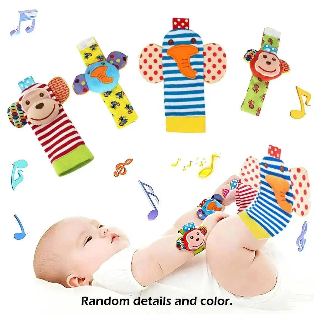 Set of 4 baby wrist rattle socks with cute stuffed animal designs for infants 0-24 months