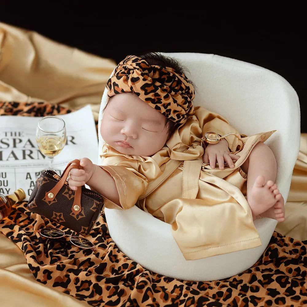 Newborn Photography Props Bathrobe Style Leopard Print Headscarf and Blanket Photo Satin Posing Outfits (Fits for 7-10 Lbs Baby)