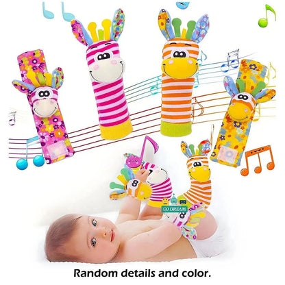 Set of 4 baby wrist rattle socks with cute stuffed animal designs for infants 0-24 months