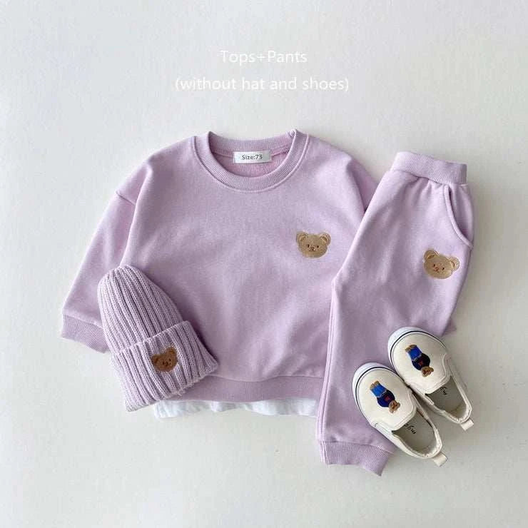 Toddler fall clothes set with bear sweatshirt and pants for boys and girls, cotton 2-piece outfit