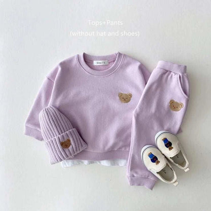 Toddler fall clothes set with bear sweatshirt and pants for boys and girls, cotton 2-piece outfit