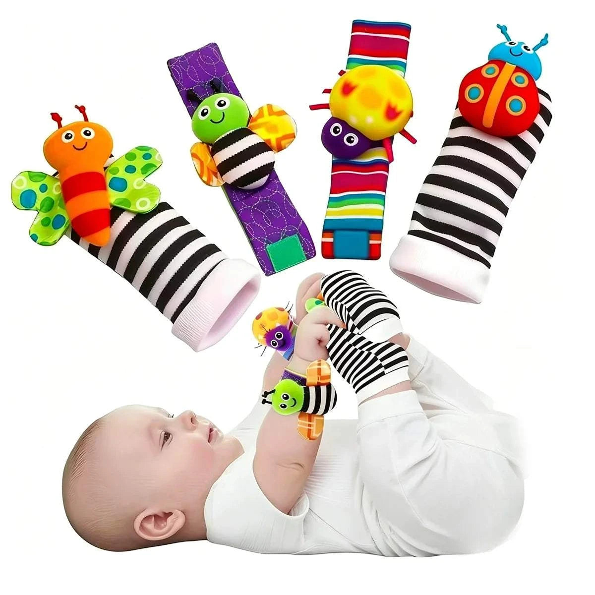 Set of 4 baby wrist rattle socks with cute stuffed animal designs for infants 0-24 months