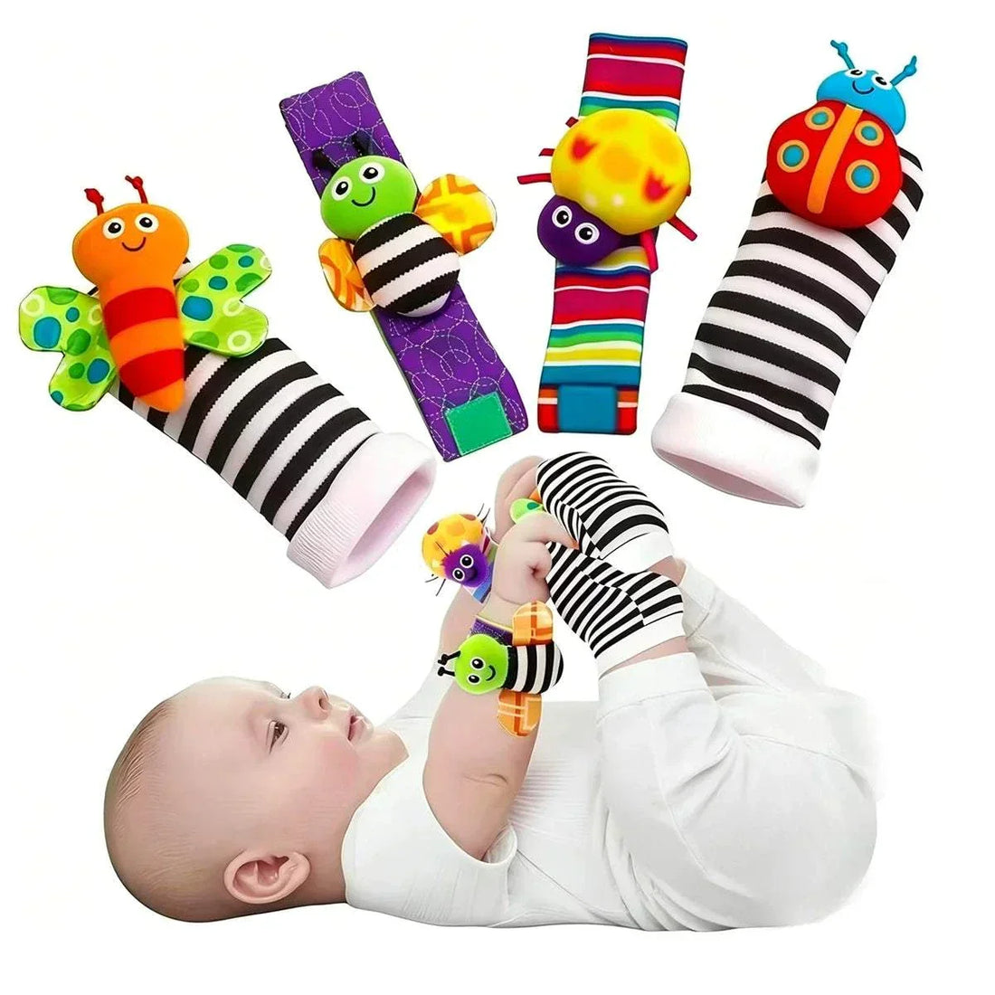 Set of 4 baby wrist rattle socks with cute stuffed animals for infants 0-24 months
