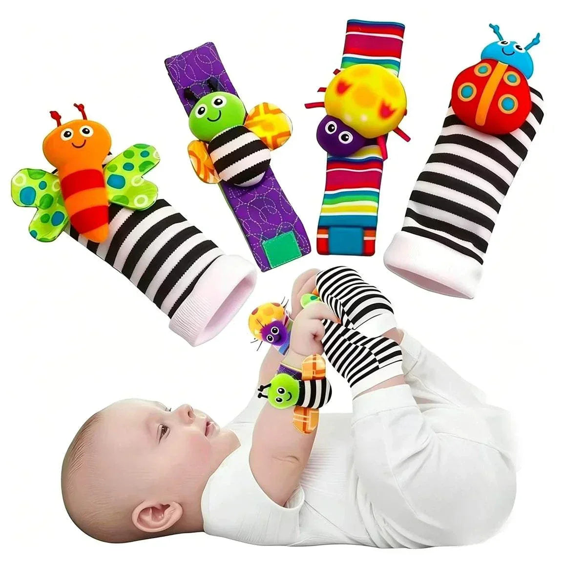 Set of 4 baby wrist rattle socks with cute stuffed animals for infants 0-24 months