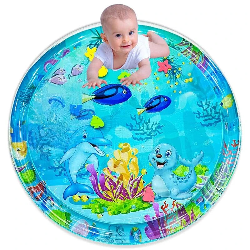 Inflatable 100cm baby playing water mat with dolphin and seal pattern, PVC round cushion for kids gift