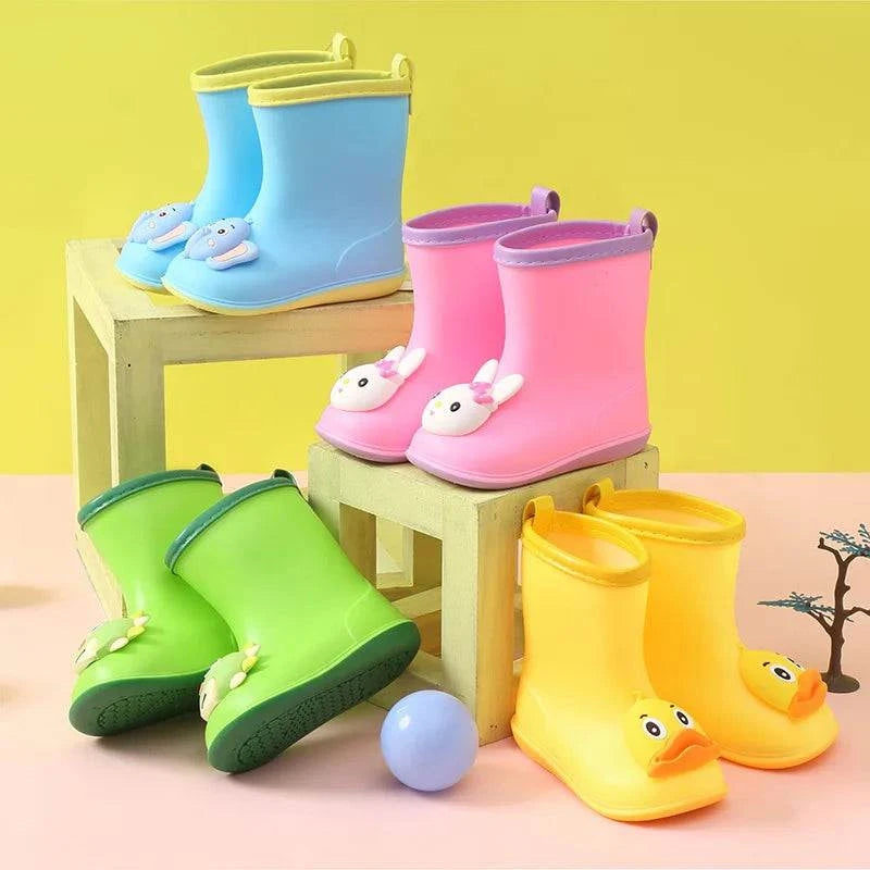 Colorful waterproof rain boots for kids toddlers, PVC rubber, slip-on design, mid-calf height, unisex cartoon style