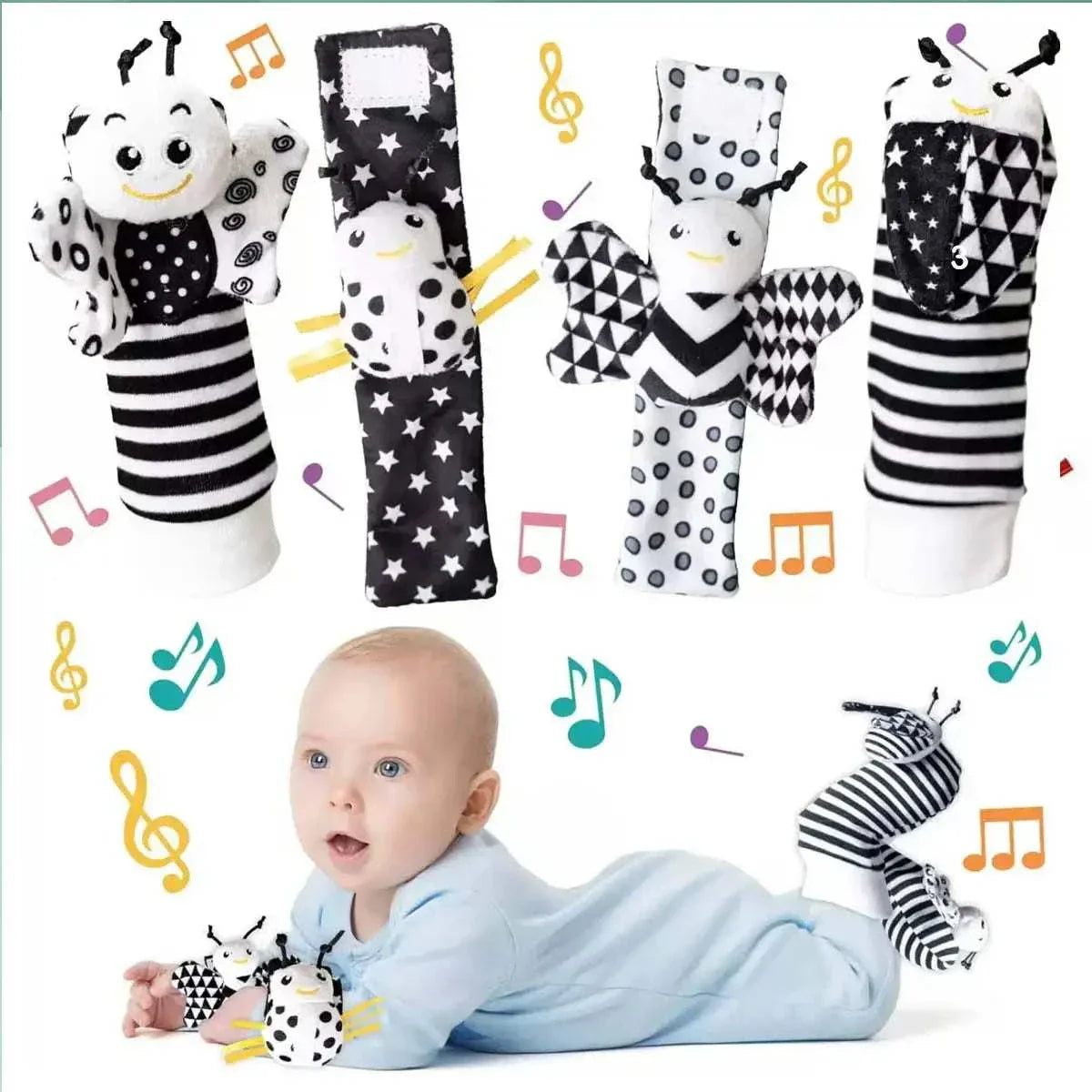 4pcs baby wrist rattle socks with cute stuffed animal designs for infants 0-24 months